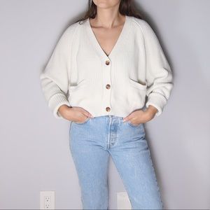 Cropped White Knit Pocket Cardigan - Small